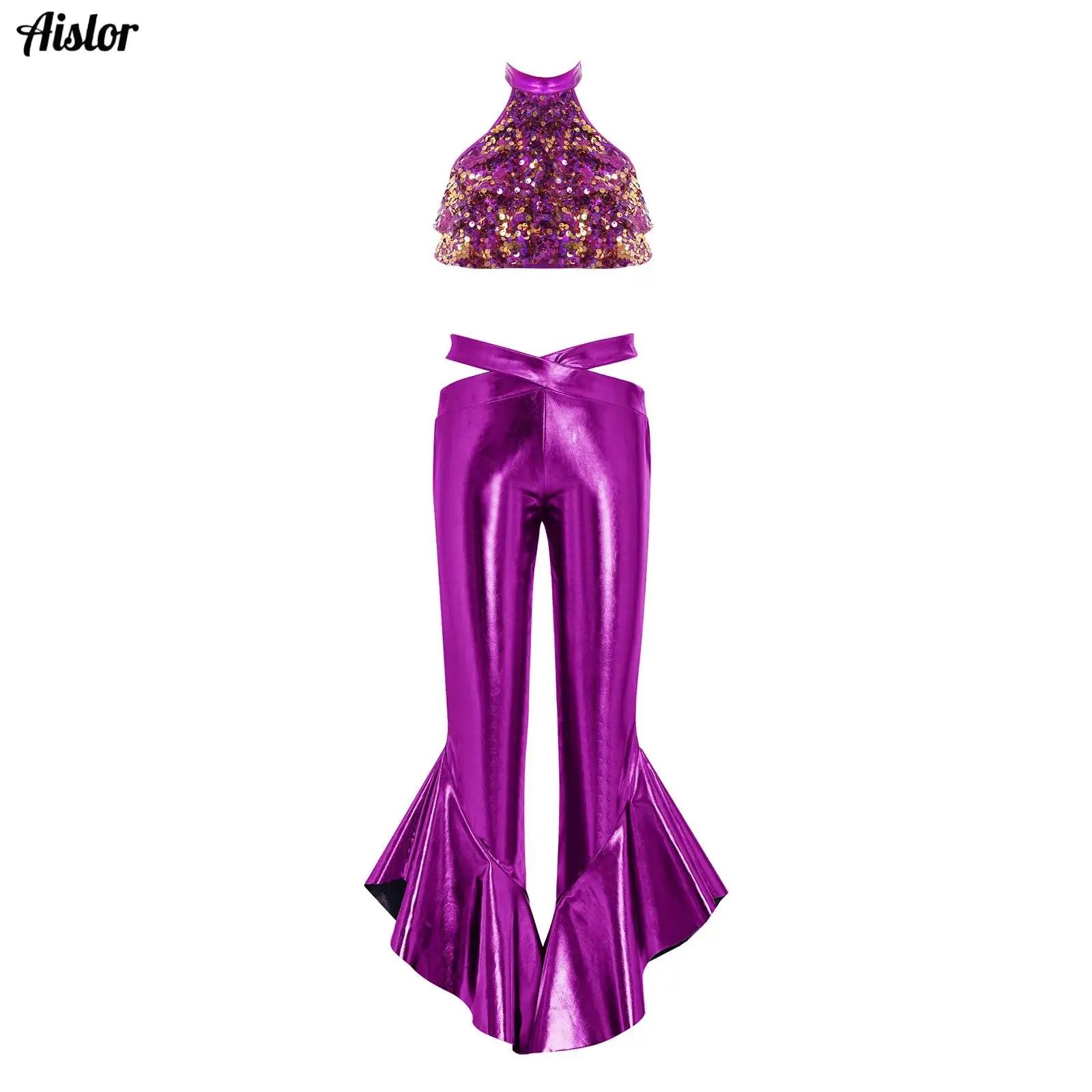 Tenue de danse latine et jazz pour filles, avec paillettes, style disco années 70, vêtements hippie,