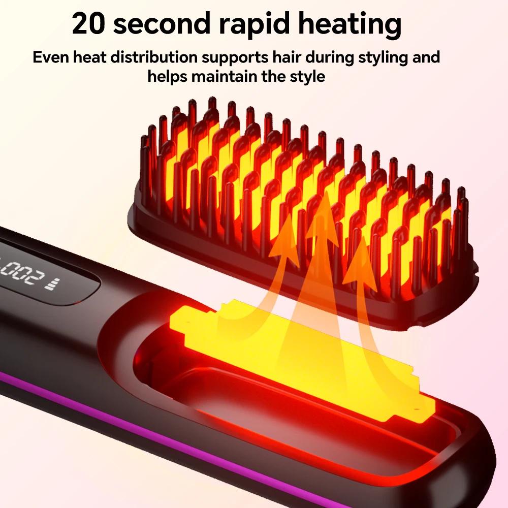 Brosse lissante sans fil rechargeable, peigne lissant à ions négatifs avec 3 réglages de température