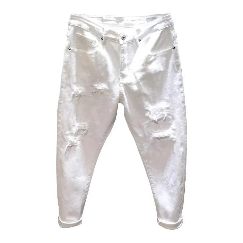 Jeans troués déchirés pour hommes, pantalons masculins blancs, streetwear confortable, denim, mode h
