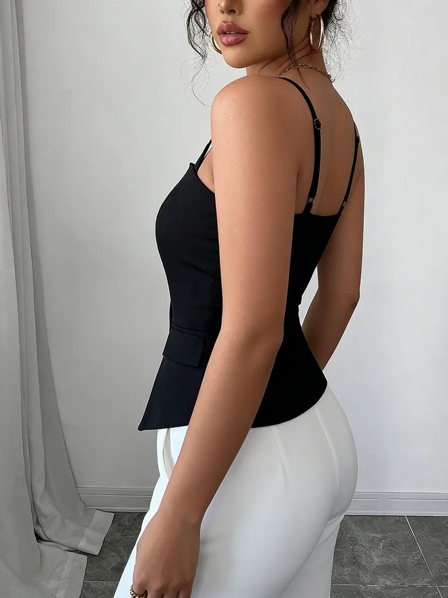 Débardeur décontracté pour femme, noir, printemps-été, à fines bretelles, col cœur, boutonné, coupe 
