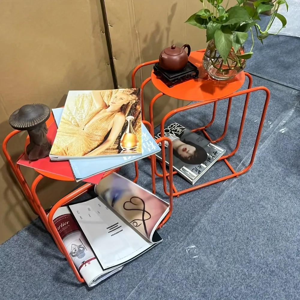 Table basse Vintage en métal Orange, 2 étagères, aucun assemblage requis, cadre robuste pour décorat