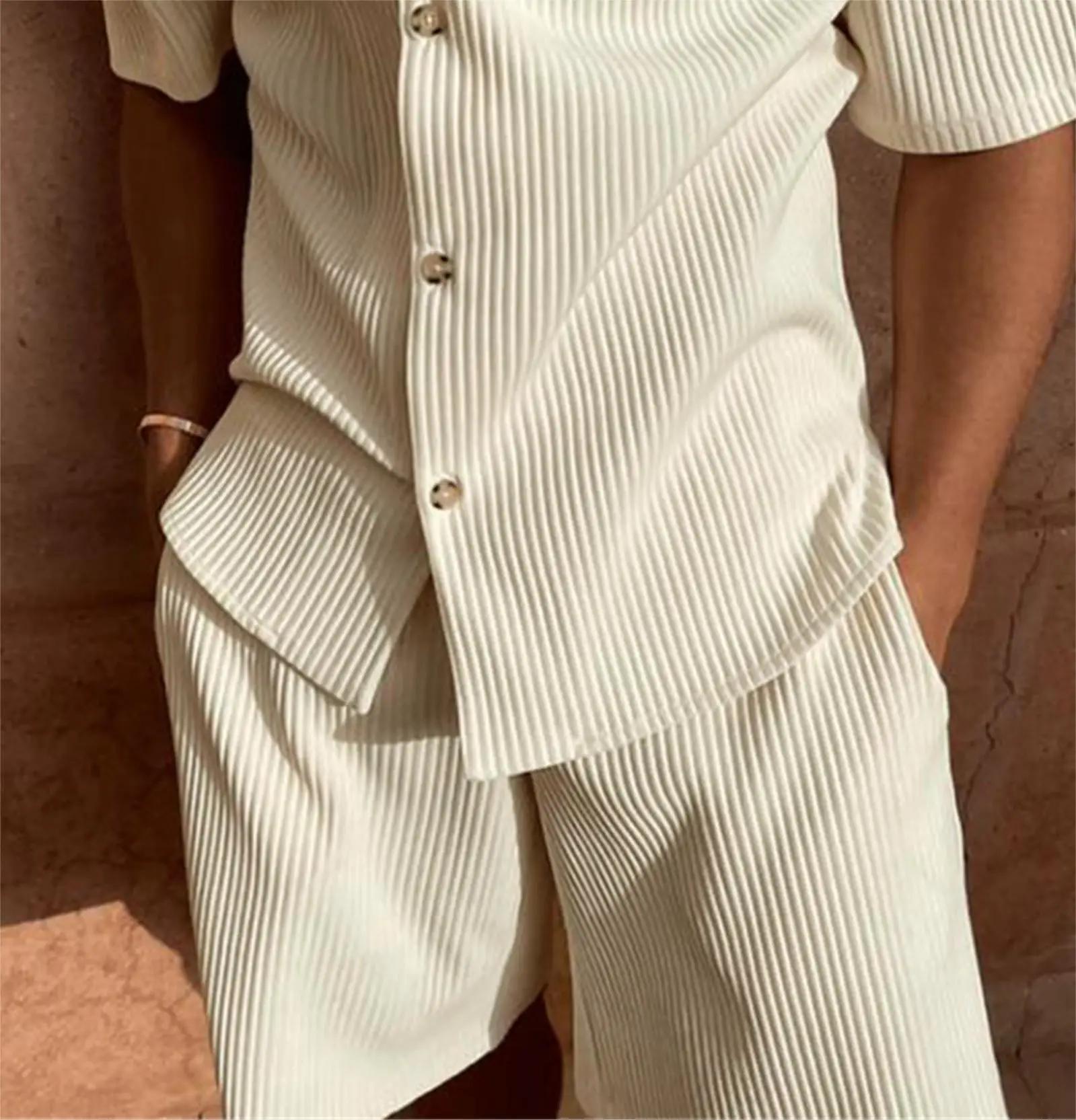 Costume printemps/été en velours côtelé de couleur unie, chemise à manches courtes et short extensib