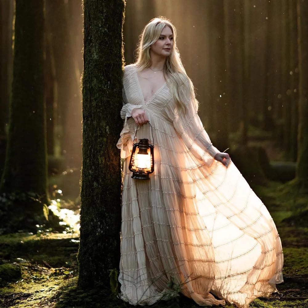 Robe longue bohème en tulle moelleux pour séance photo, robe de grossesse, manches longues, col en V