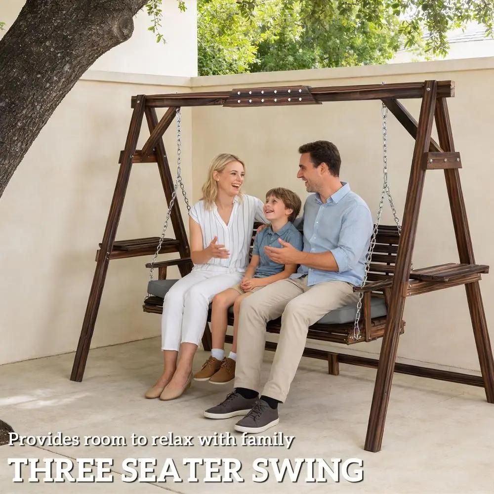 Balançoire de véranda 3 places avec support, chaise de patio en bois avec coussin, plateaux latéraux