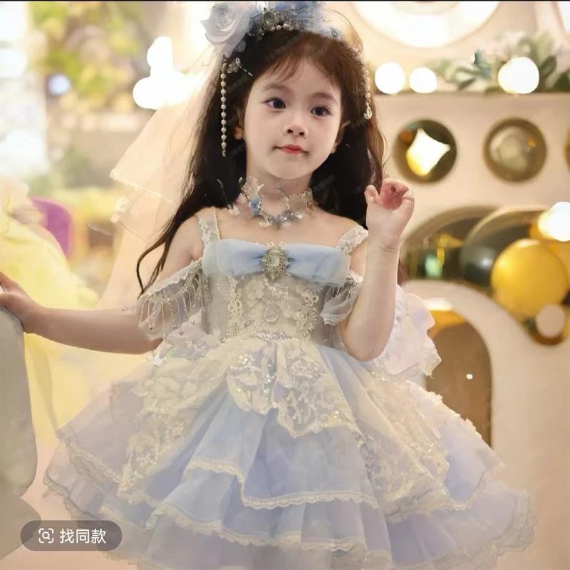 Robe d'été en dentelle pour petites filles, avec nœud bleu, brillante, princesse, robe de bal, gâtea