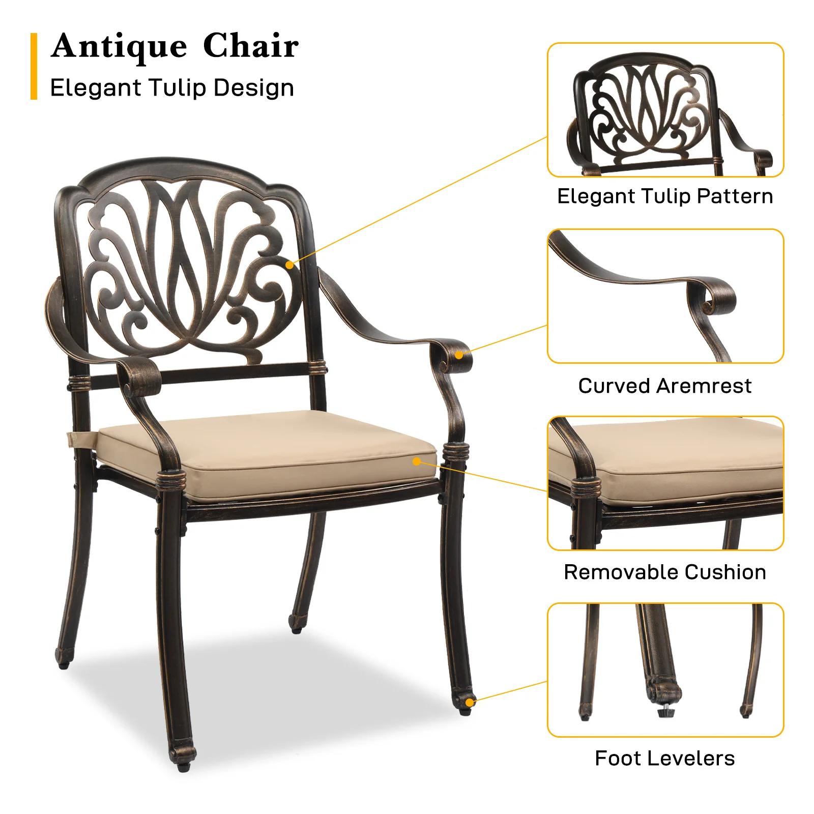 Chaises de salle à manger en fonte d'aluminium avec coussins, chaises de bistrot d'extérieur empilab