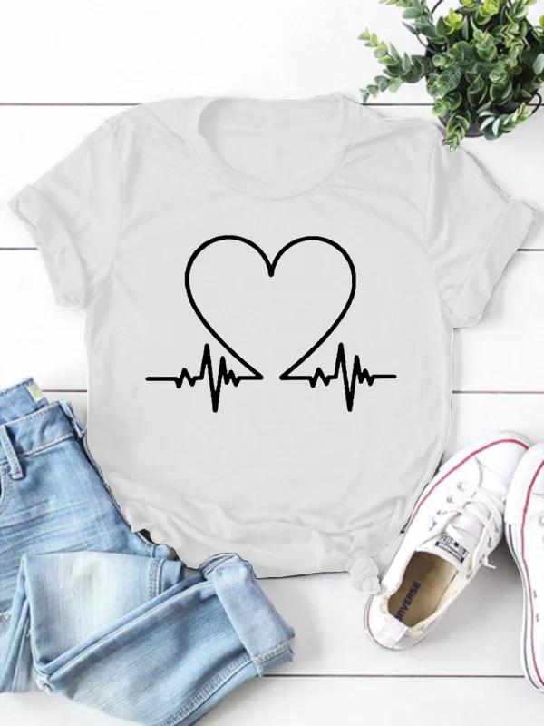 T-shirt à manches courtes et col rond pour femme, électrocardiogramme, imprimé cœur, t-shirt pour fe