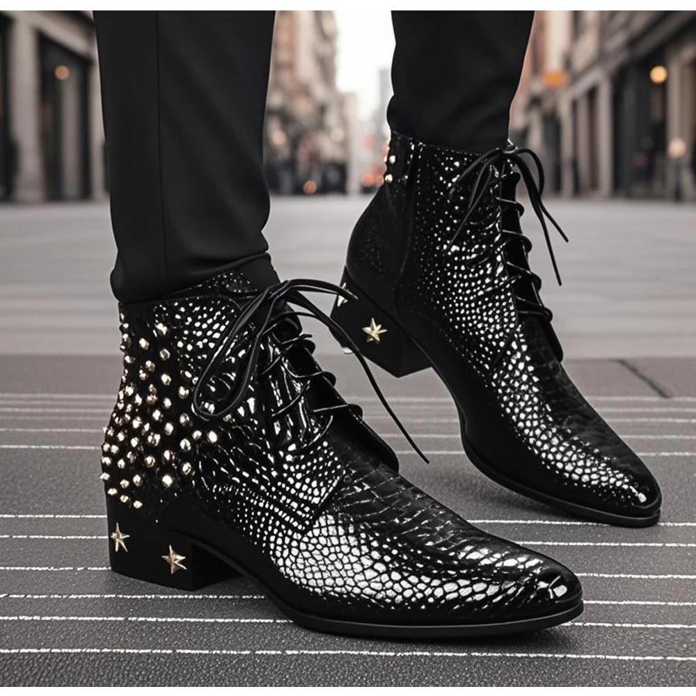Bottes provoqué pointues en cuir véritable pour hommes, chaussures à rivets, cuir brillant, haute qu