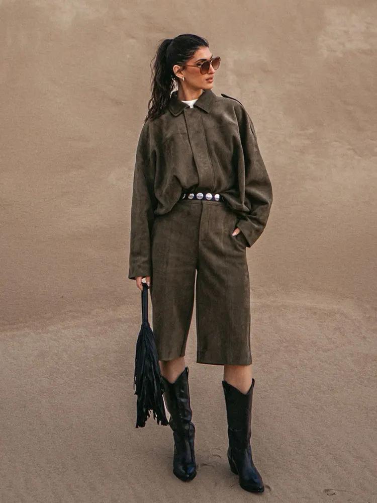 HH printemps femmes daim manteau pantalon ensembles revers fermeture éclair manches longues vestes S