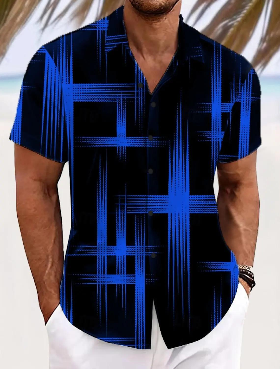 Chemise à carreaux à grille géométrique pour hommes, couleur dégradée, boutonnée, manches courtes, m