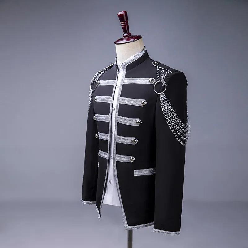 Blazer militaire noir avec chaîne argentée pour hommes, veste de spectacle de magicien pour chanteur