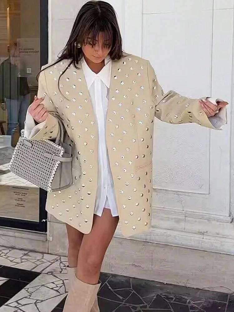 SLTNX Blazer décontracté pour femme avec décoration à rivets, manches longues, col en V, beige, mant
