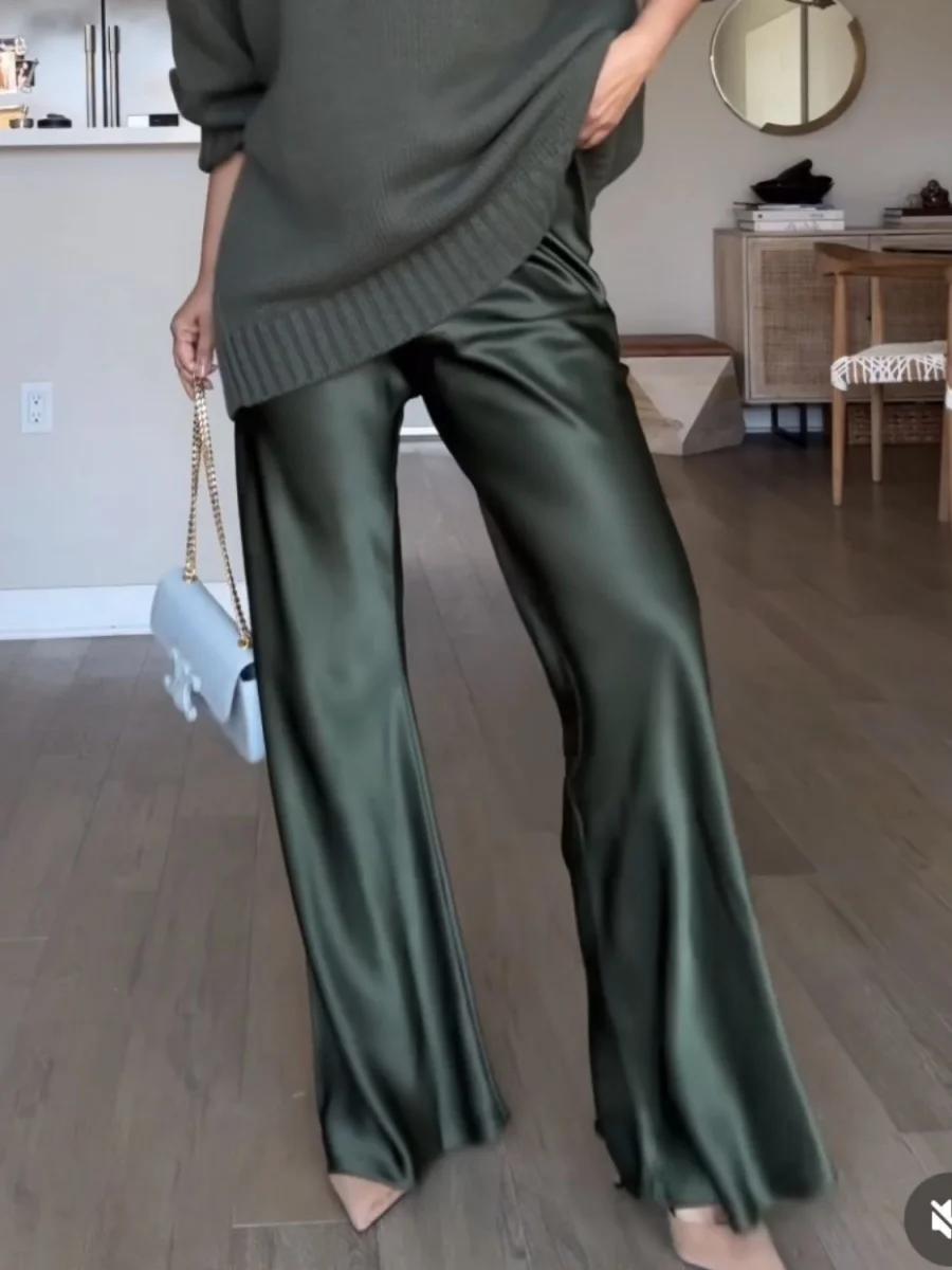 Nouveau pantalon large en satin de soie pour femme, taille basse, style baggy Y2K, pour les fêtes, l