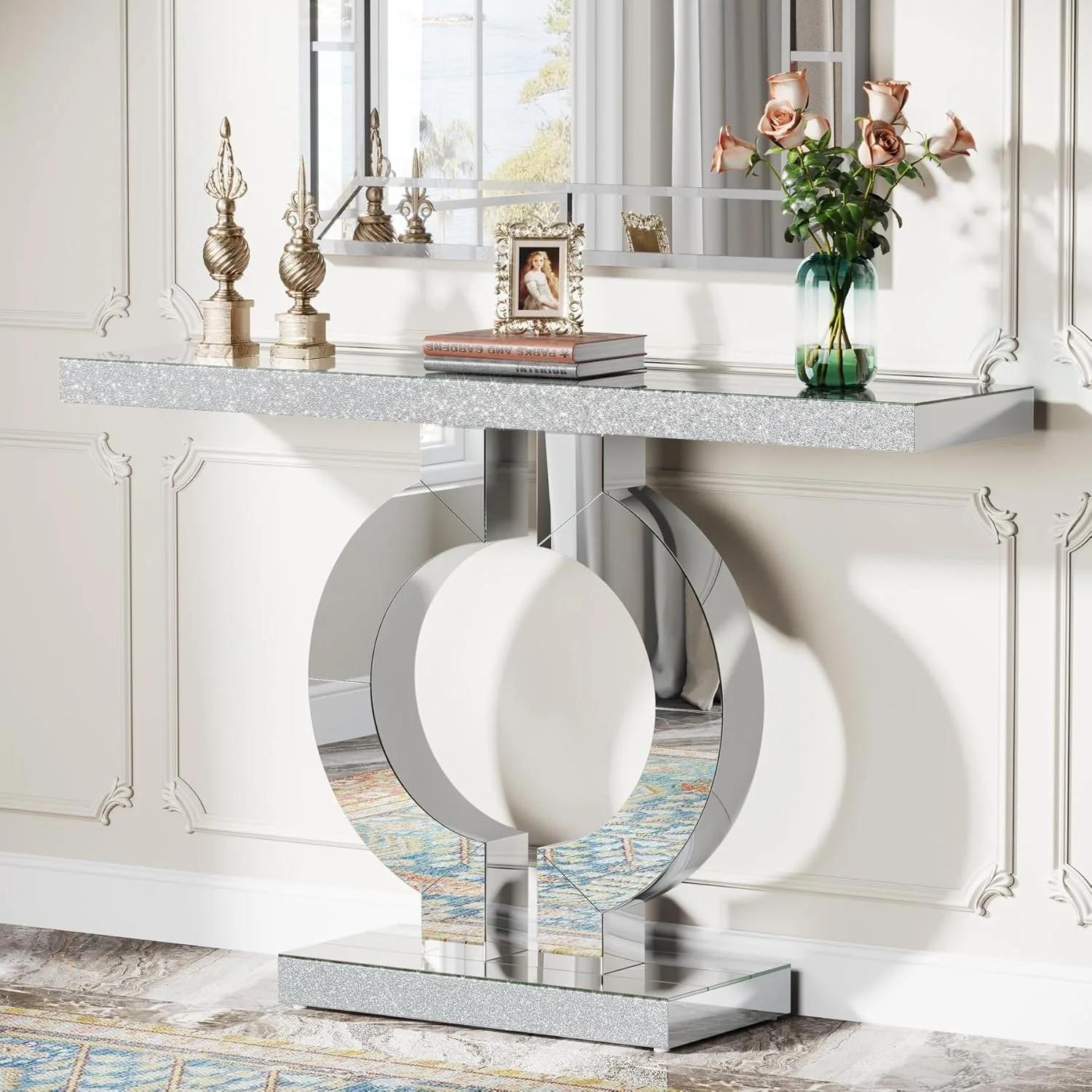 Table console en miroir avec base en forme de O, table d'entrée, table de canapé en verre avec finit