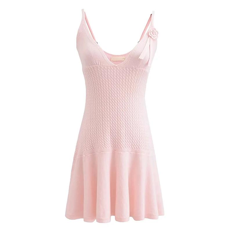 YENKYE-Mini robe en tricot à col en V pour femmes, appliques florales, mince, élégante, sexy, ligne 