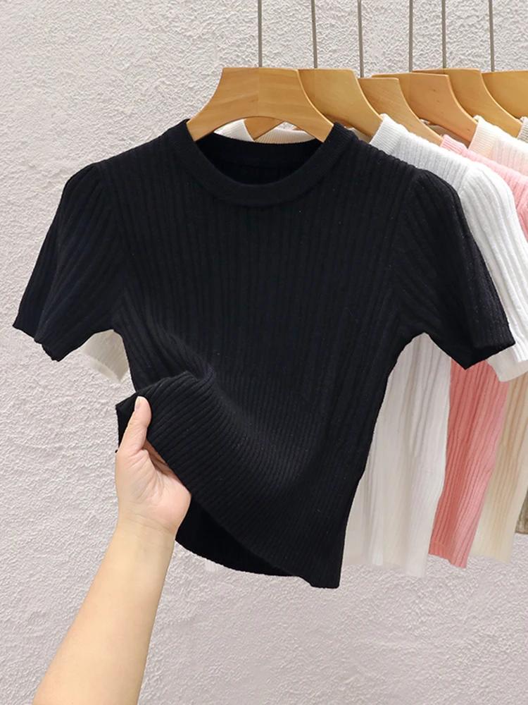 T-shirts d'été 2026 pour femmes – Décontractés, style coréen, tricotés, streetwear, basiques, unis, 