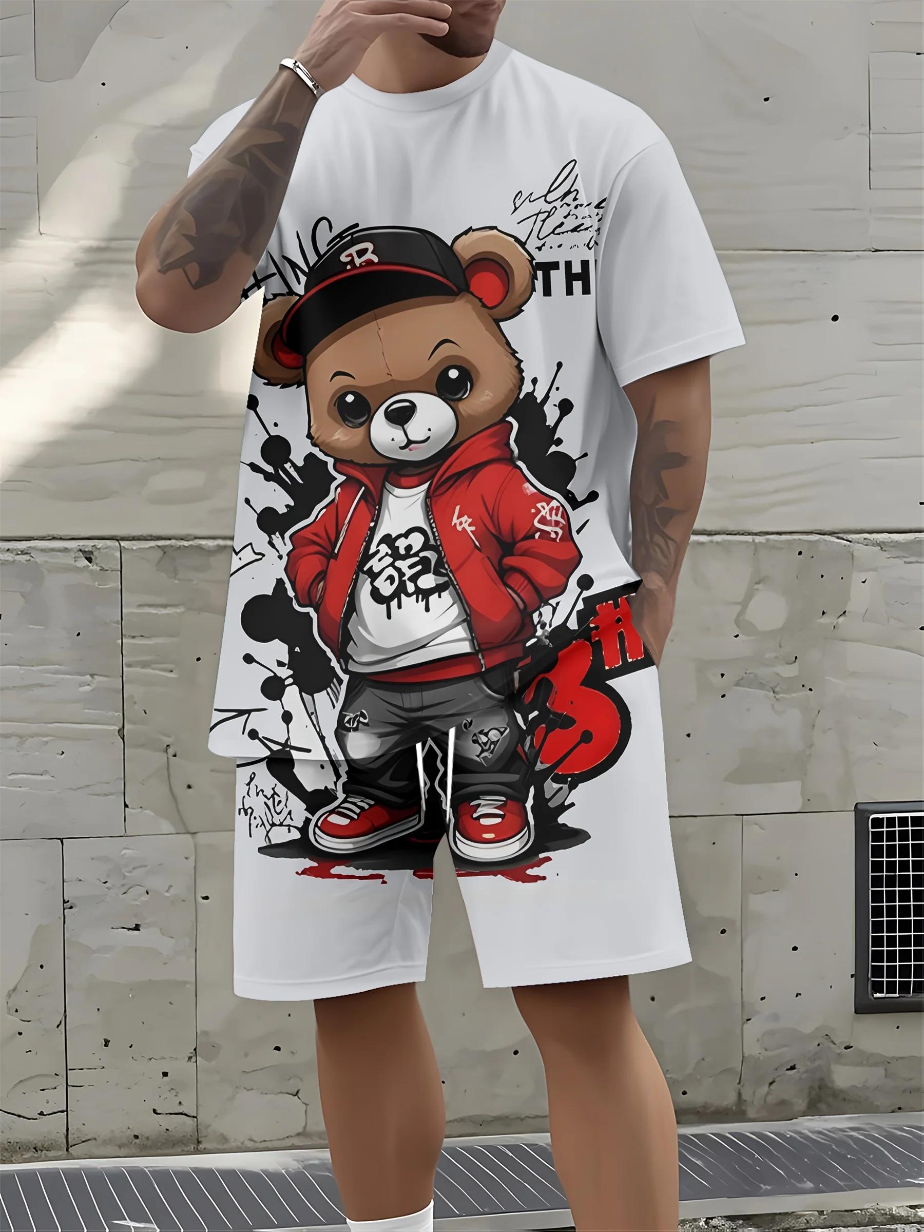 Ensemble T-shirt et short à col rond pour hommes, nouvelle mode d'été imprimé ours en peluche, doux 