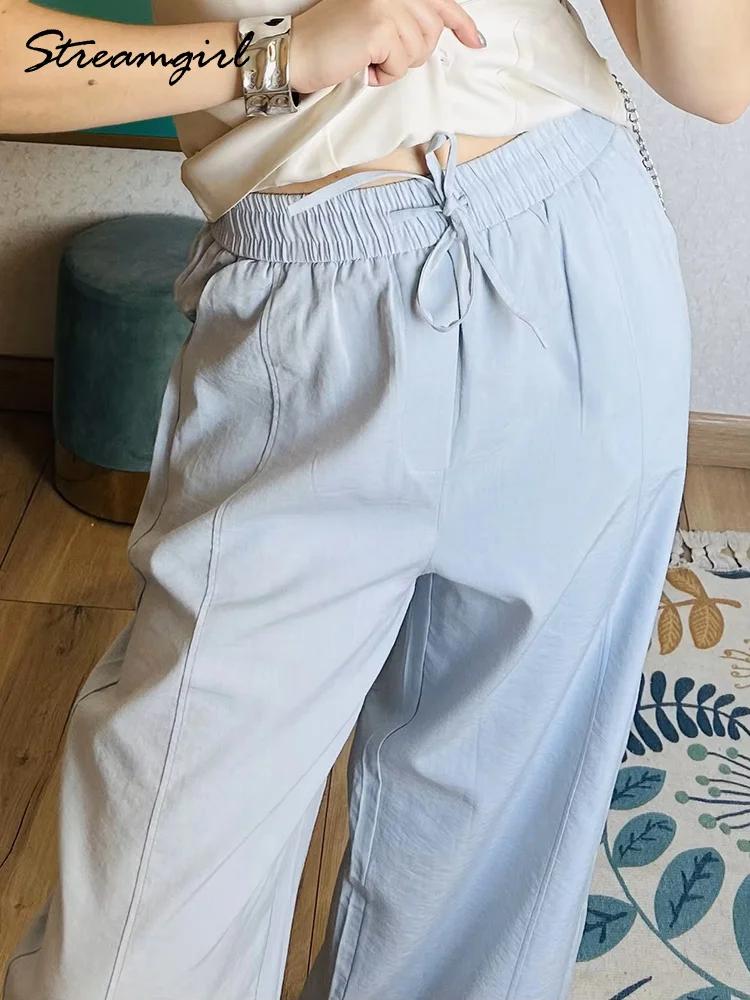 Pantalon d'été en coton pour femmes, coupe large, bleu, avec bande élastique, jambe droite, blanc, a
