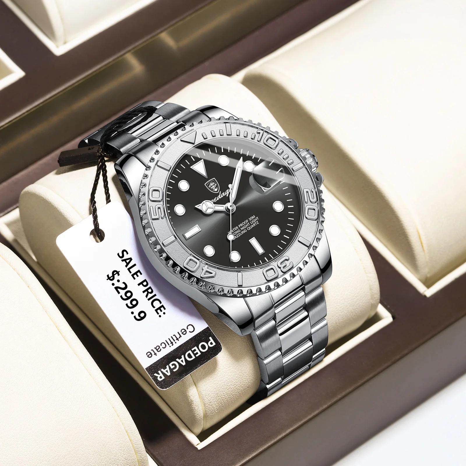 POEDAGAR haut de gamme homme montre étanche lumineux Date hommes montre en acier inoxydable mâle hor