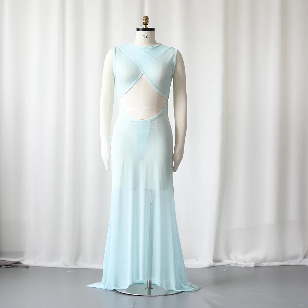 Robes de maternité Photoshoot bleu ciel maman sexe révéler robe Sexy pure maille extensible ouverte 