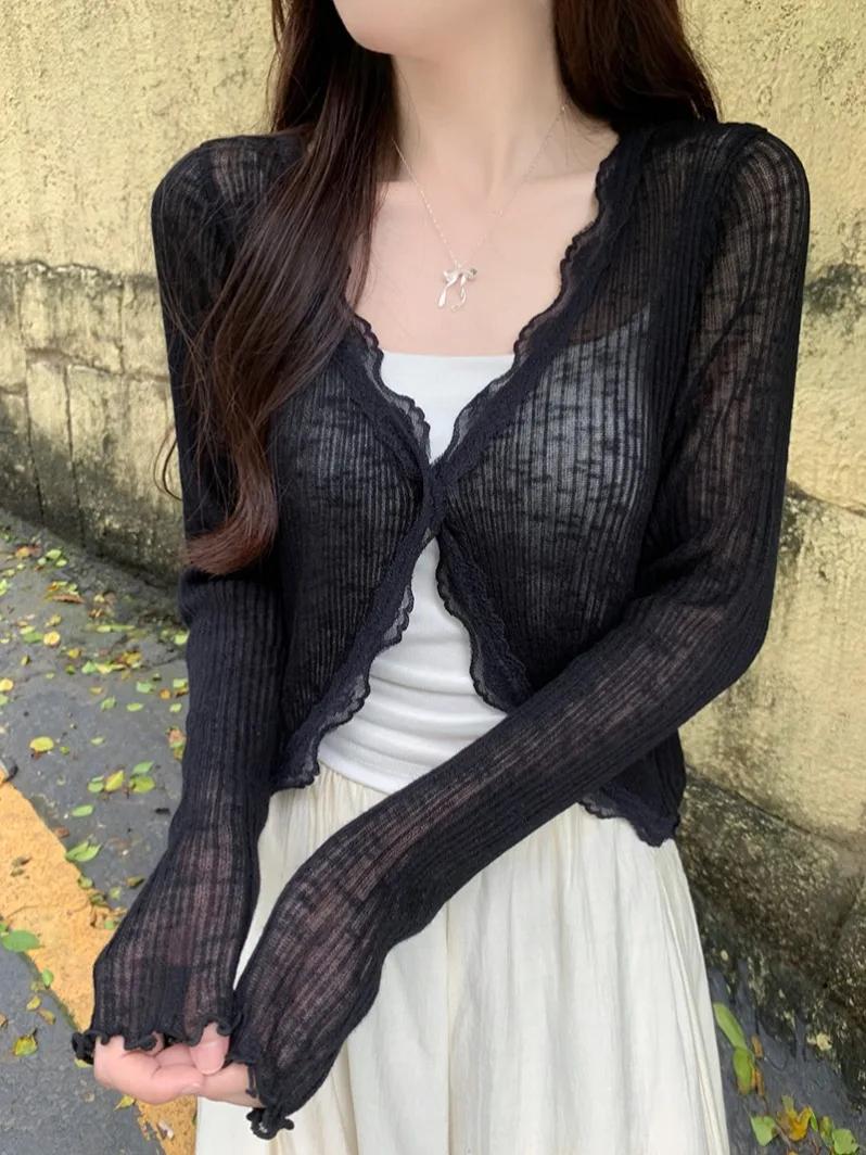 Cardigan en tricot côtelé pour femmes, garniture en dentelle, un bouton, manches longues, haut court