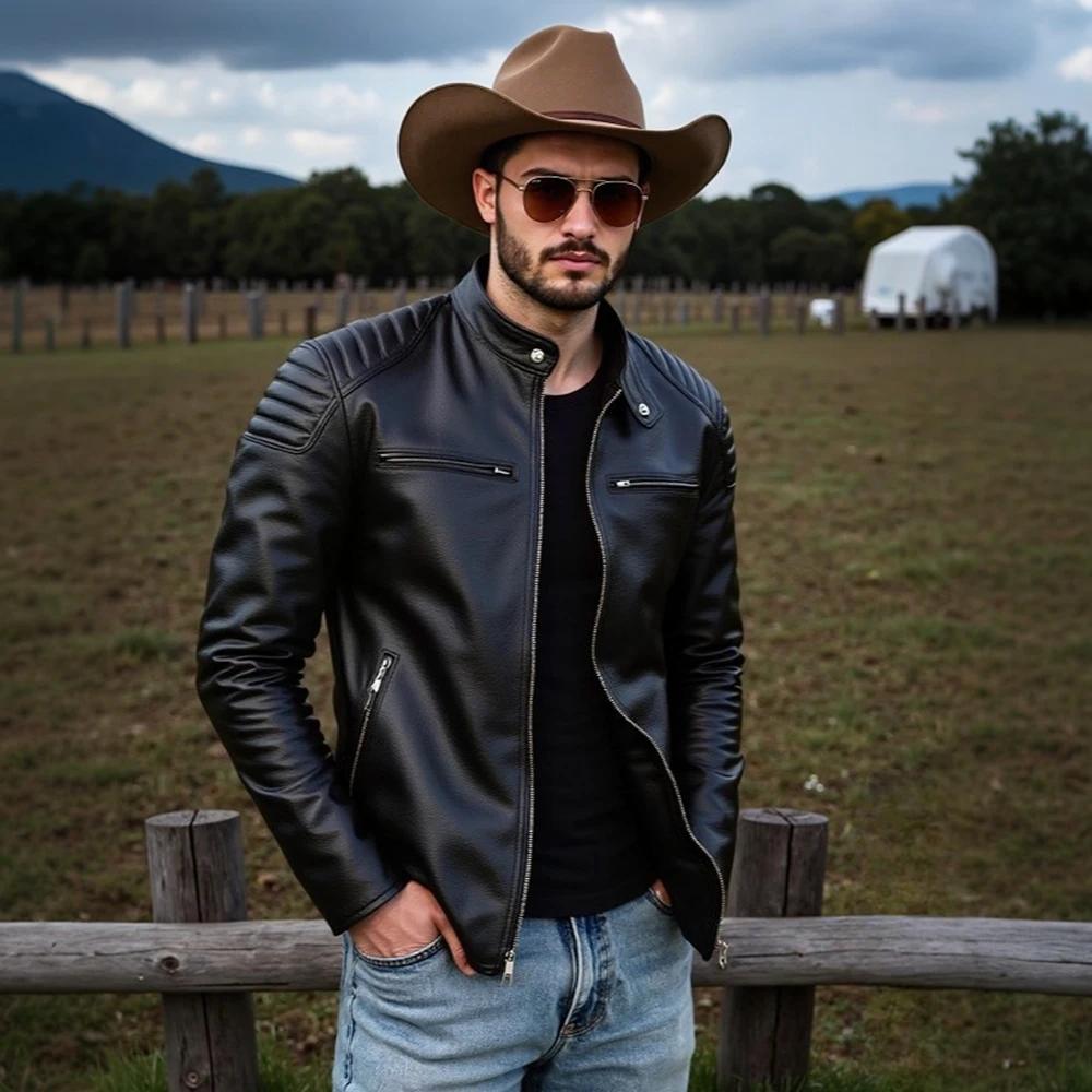 Nouveau 100% veste en cuir de vachette hommes couche supérieure vêtements hommes col montant moto vê