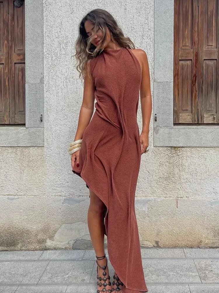 Robe de soirée longue chic et élégante pour femme, coupe asymétrique à volants, sans manches, ajusté