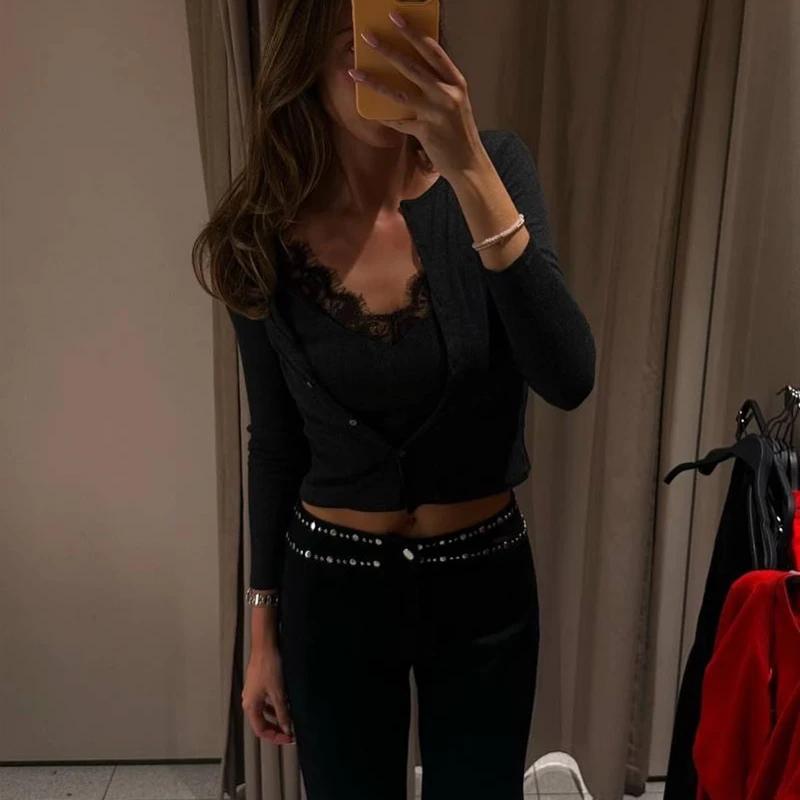 MUJER dentelle recadrée veste haut pour femme Vintage tricot Demi-saison vestes pour femmes boutonné
