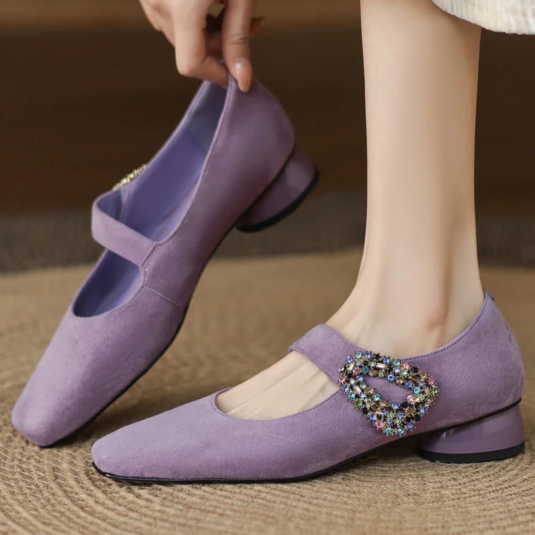 Escarpins Mary Jane à enfiler en cuir suédé naturel pour femmes, boucle en cristal, bout carré, talo