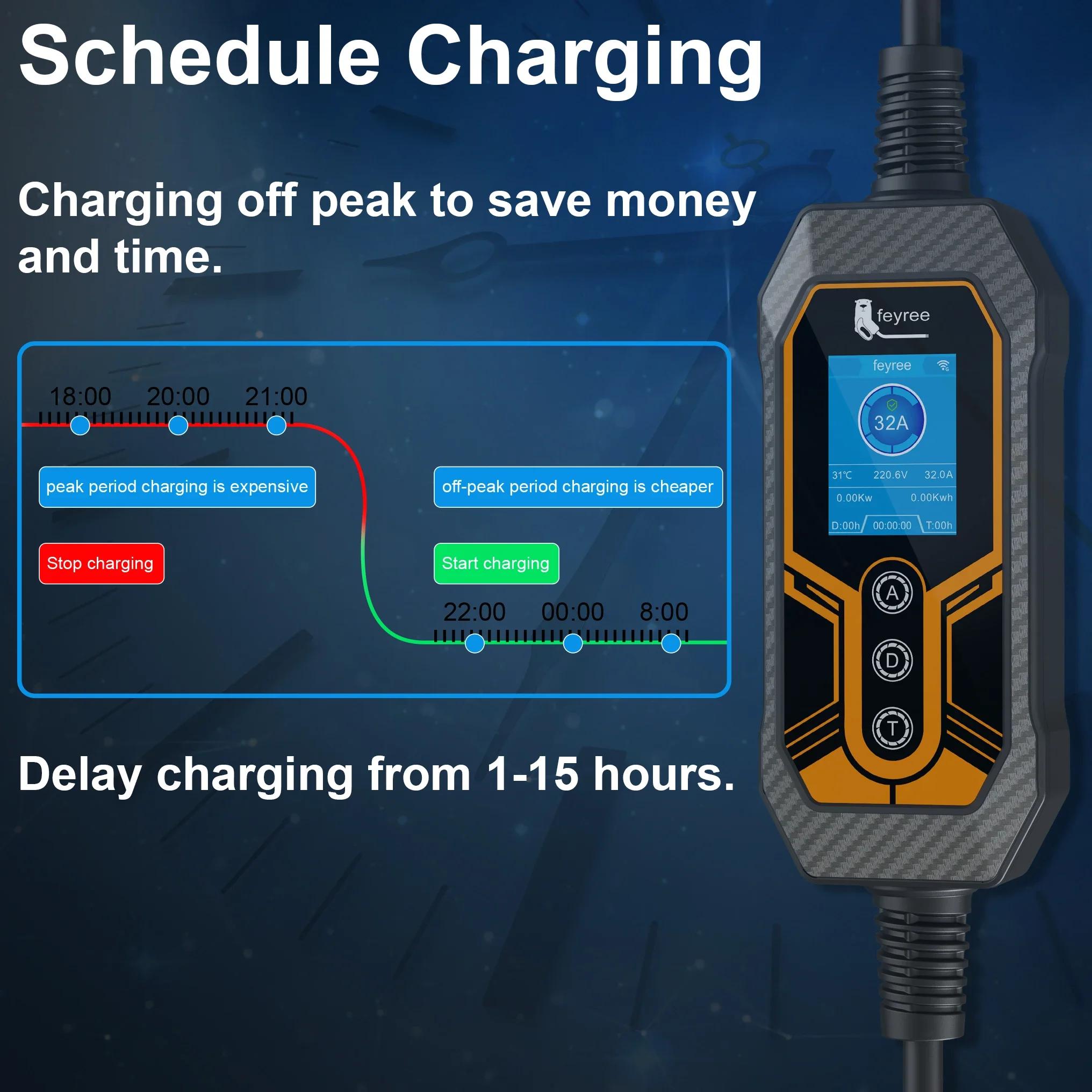 Feyree GB/T chargeur EV Portable 32A 7KW 1 phase APP Version Bluetooth EVSE 11KW 16A câble triphasé 