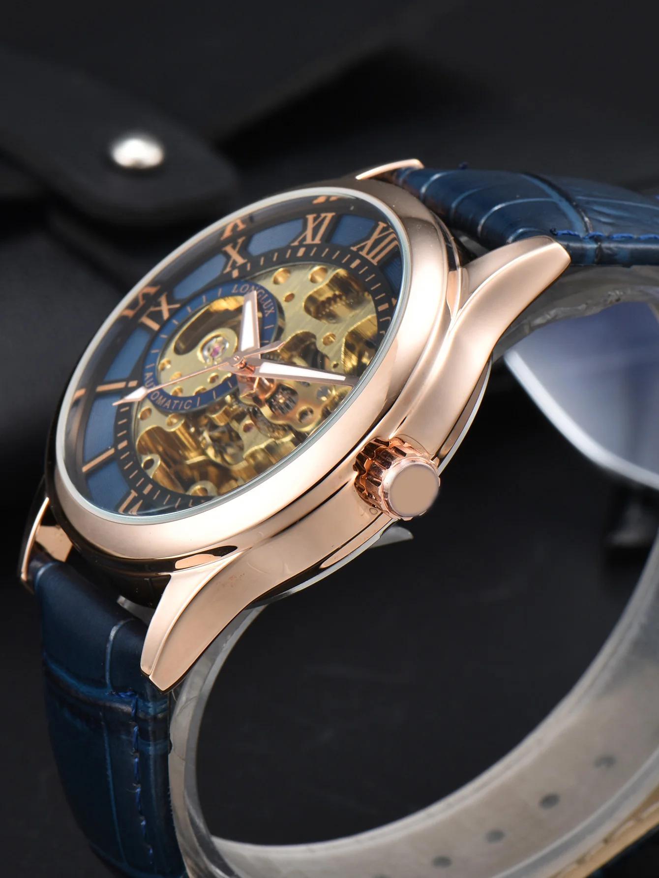 Montre automatique de luxe pour hommes, montres mécaniques rome, squelette étanche, cuir noctilucent
