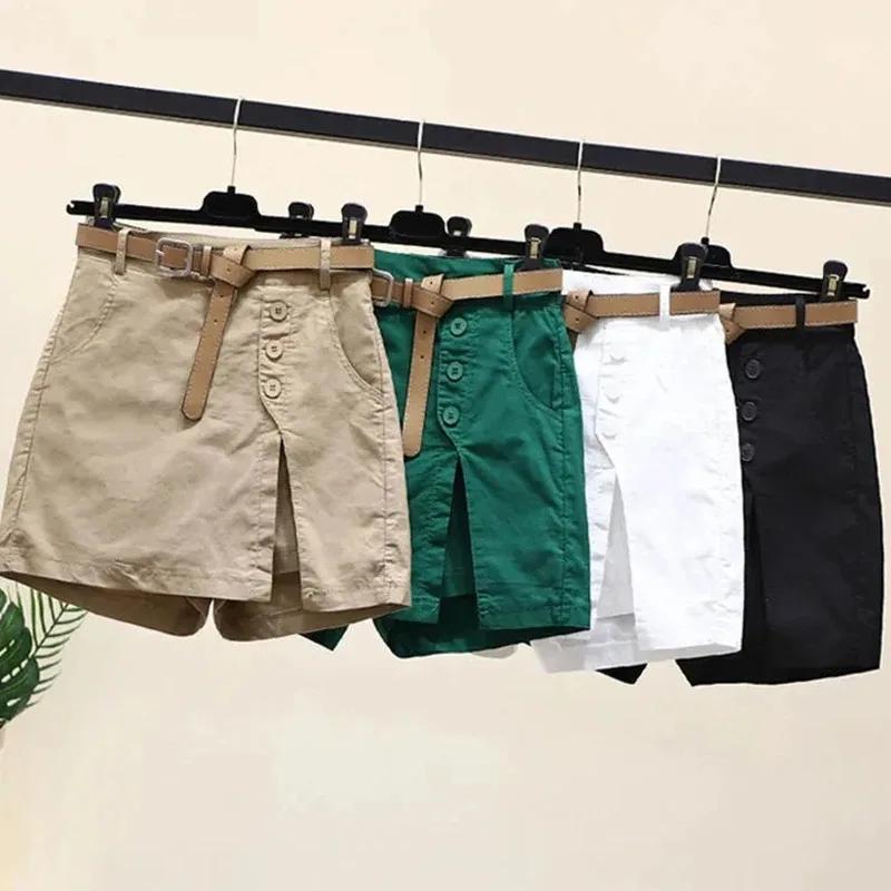 Short Chic pour femmes, ceinture coréenne, boutons solides, fente latérale, ligne a, jupes à la mode