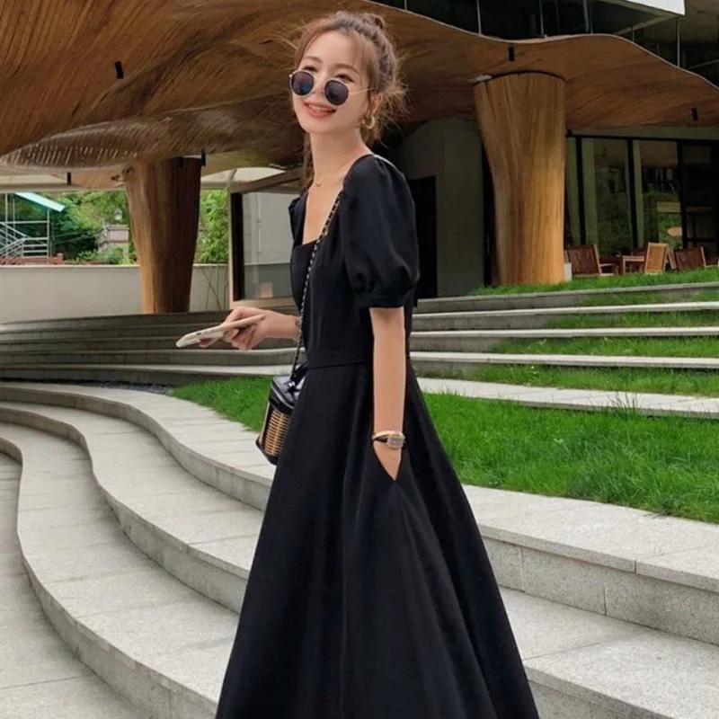 Robe Chic Vintage Noire pour Femme, Taille Haute, Col Carré, Manches Bouffantes, Nministériels d Tra