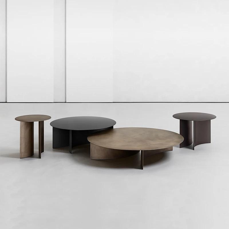 Manually ian-Table d'appoint industrielle moderne en fer et métal, table basse ronde en laiton antiq