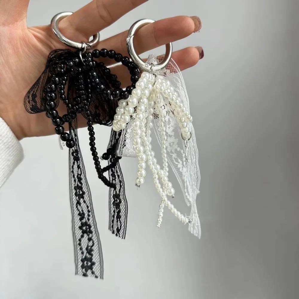 Porte-clés en dentelle mignon, nœud blanc/noir, pendentif de sac, chaîne de téléphone, accessoire d'