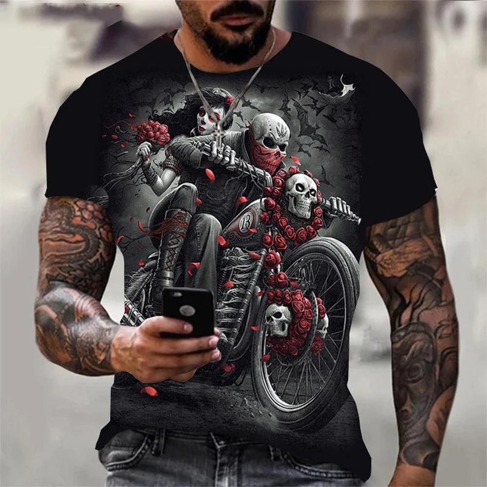 T-shirt imprimé tête de mort 3D rétro, hip hop, personnalité, super cool, horreur, décontracté, mode
