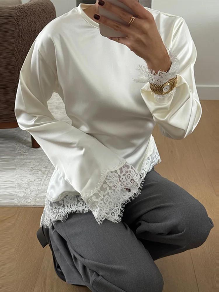 Blouses amples en patchwork à lacets pour femmes, pull-overs ajustés à ceinture et col rond, collect