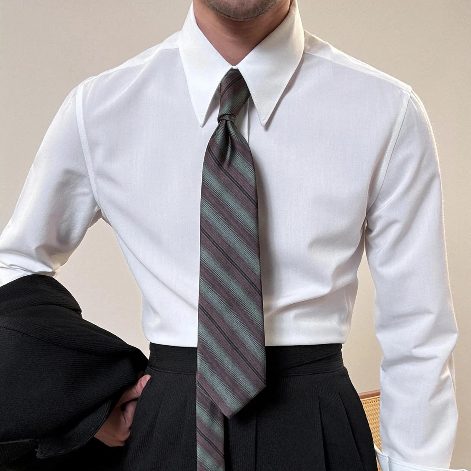 Chemise habillée formelle pour homme, style français, col long, en coton blanc infroissable, avec po