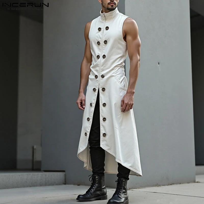 INCERUN hommes longs Style gilets couleur unie Double boutonnage décontracté hommes gilets haute rue