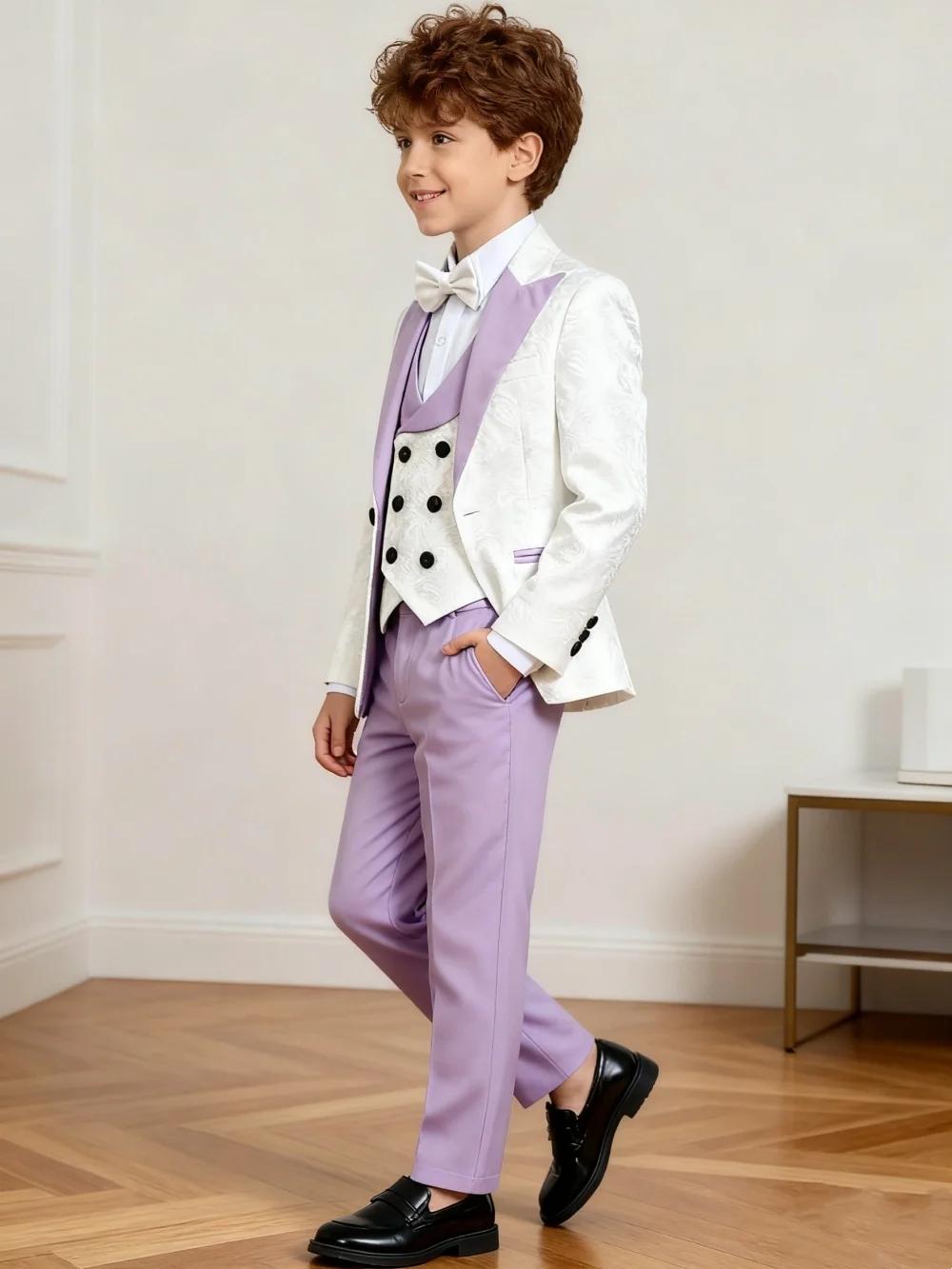 Vente chaude de luxe lilas blanc Jacquard garçons costume ensemble 4 pièces 3-14 ans coupe ajustée v