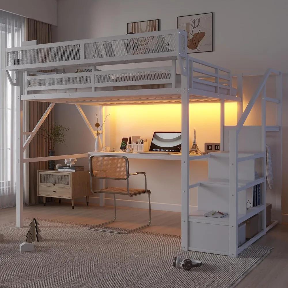 Lit mezzanine en métal robuste taille Queen avec 5 rangements, bureau et escalier