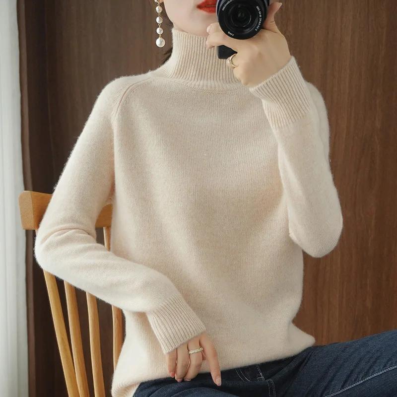 Automne hiver col montant laine mérinos pull basique décontracté pull en cachemire confort femmes ma