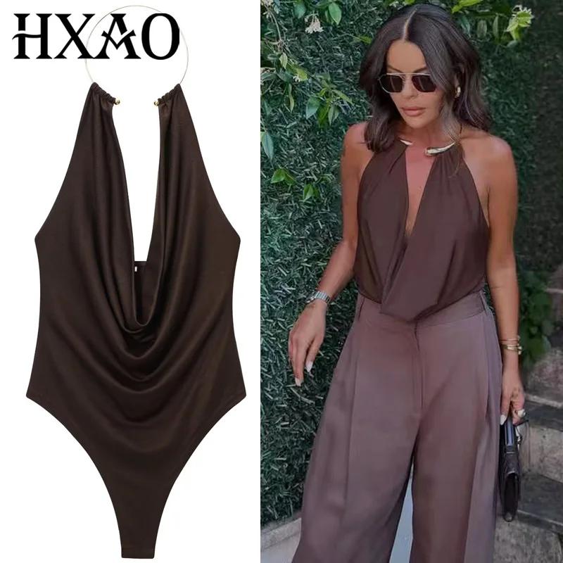 HXAO marron licou body femmes été body pour femmes Sexy épaules nues sans manches string body avec d
