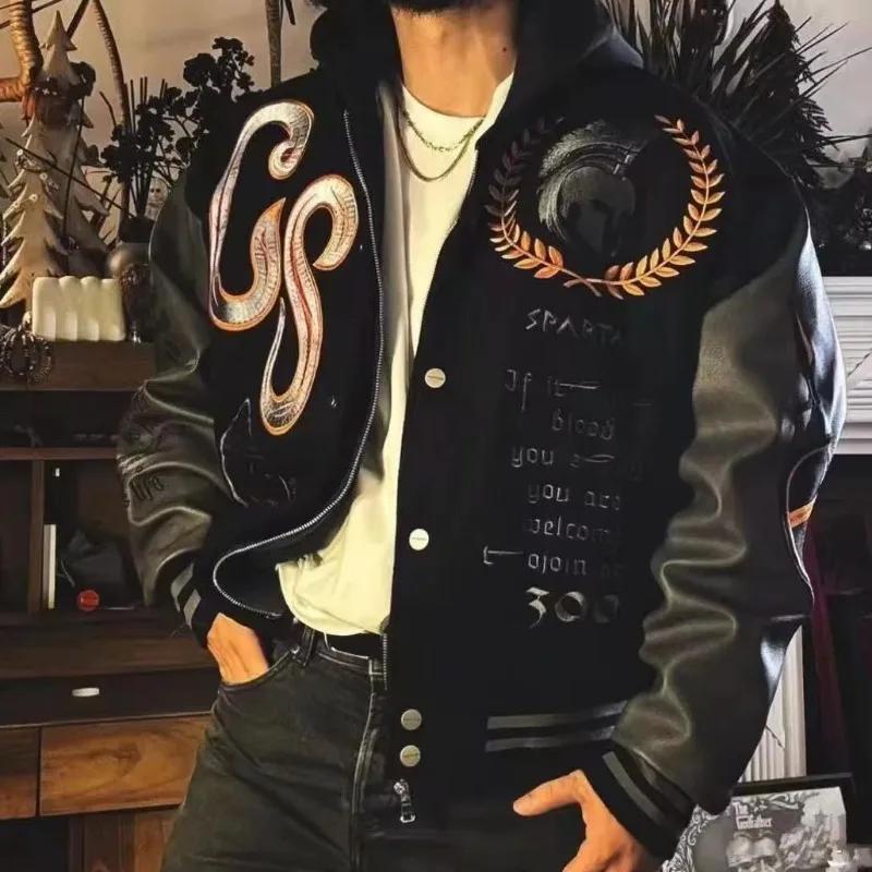 Veste de baseball streetwear pour homme avec manches en cuir PU et broderies, idéale pour le printem