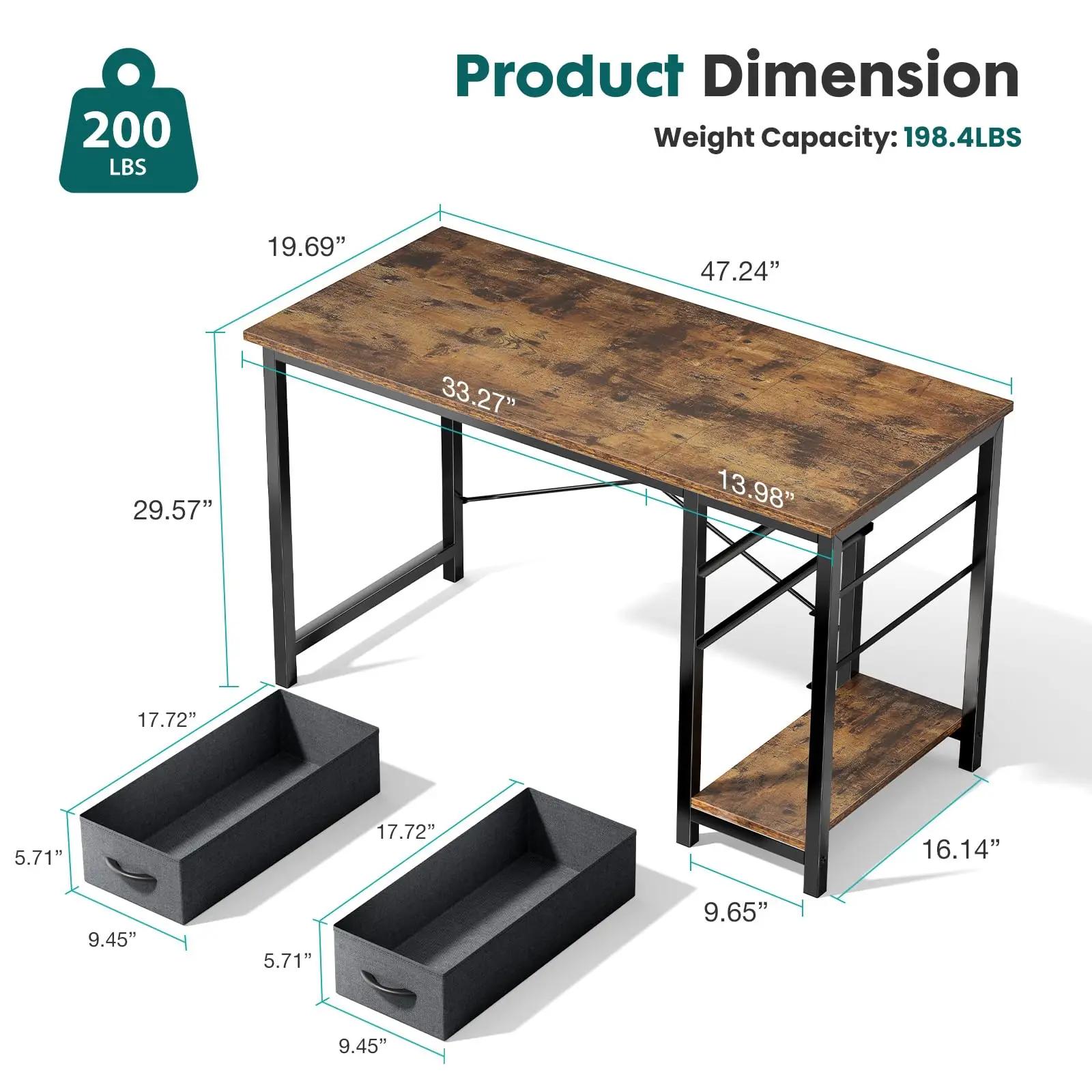 JHK 47IN bureau d'ordinateur avec 2 tiroirs pour bureau d'étude Table de jeu en bois avec tiroirs à 