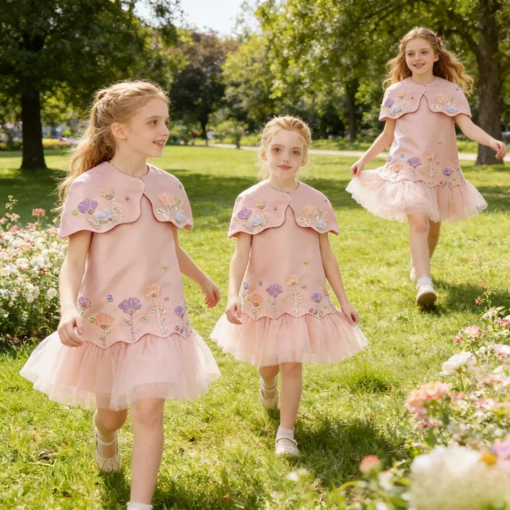 Robes d'anniversaire élégantes pour enfants 2026 avec fleurs 3D, Robe de cérémonie sans manches, Vêt