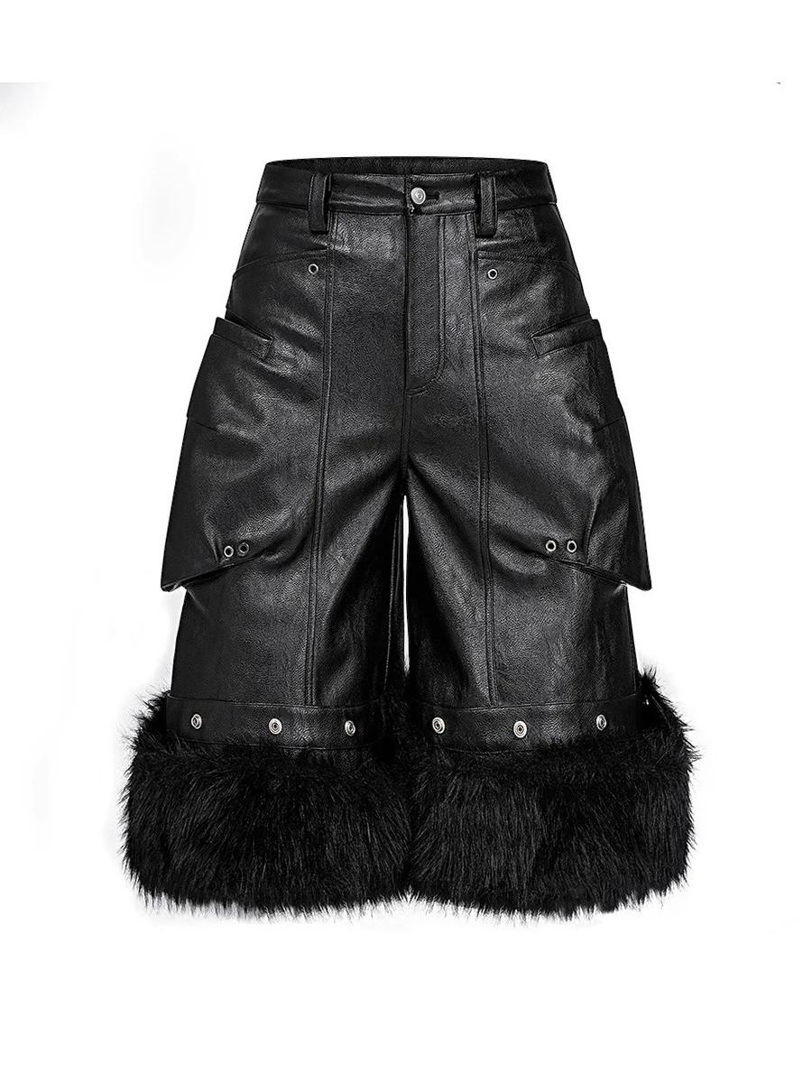 Mauroicardi automne noir fausse fourrure Patchwork Pu cuir Shorts pour hommes poches tridimensionnel