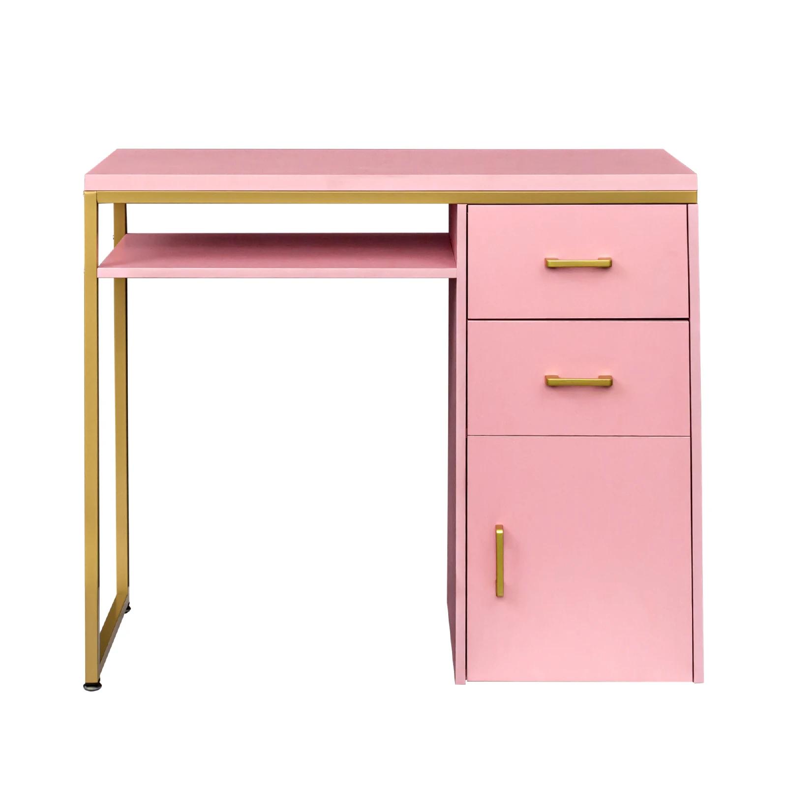 FCH-Tuyau de fer en panneau de particules rose, 2 tiroirs, 1 porte de bureau d'ordinateur, peut être