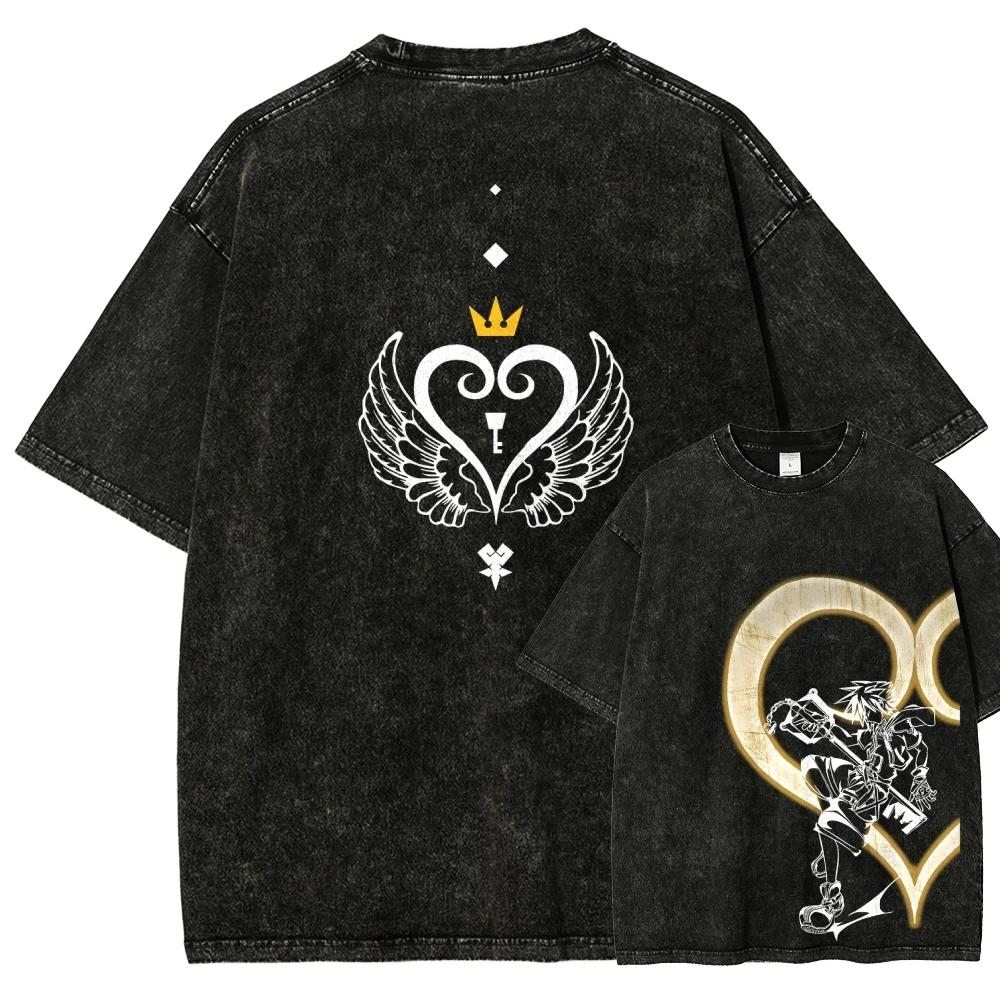 T-shirt délavé Kingdom Hearts, vêtements pour toute l'année, vêtements de caractère, grande taille, 