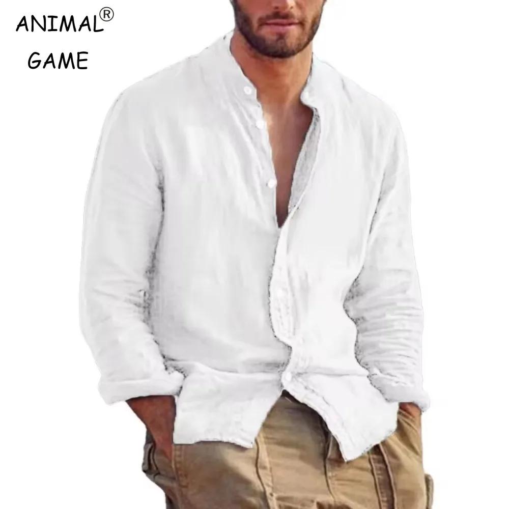 Chemise en lin à manches longues pour hommes, col montant, chemises légères décontractées pour homme